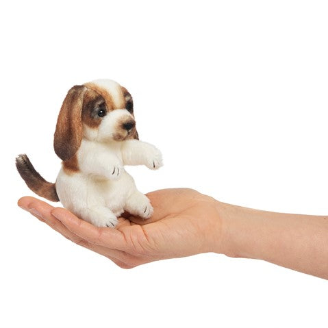 Folkmanis Mini Dog Finger Puppet: Adorable 5" plush puppy sitting on open palm, with brown and white fur and floppy ears