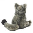 Plush gray coyote puppet with movable mouth and forelegs, sitting upright in classic howling pose