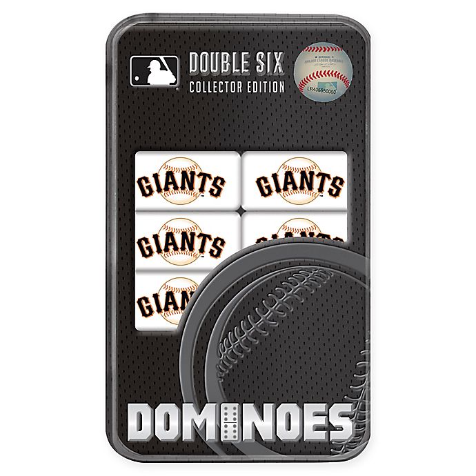 San Francisco Giants Double Six Dominoes set in collectible tin box, featuring team logo on dominoes and baseball design elements