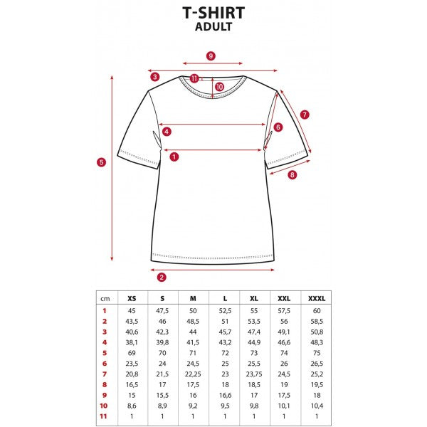 Adult t-shirt size chart with detailed measurements for XS to XXXL, including length, width, and sleeve dimensions