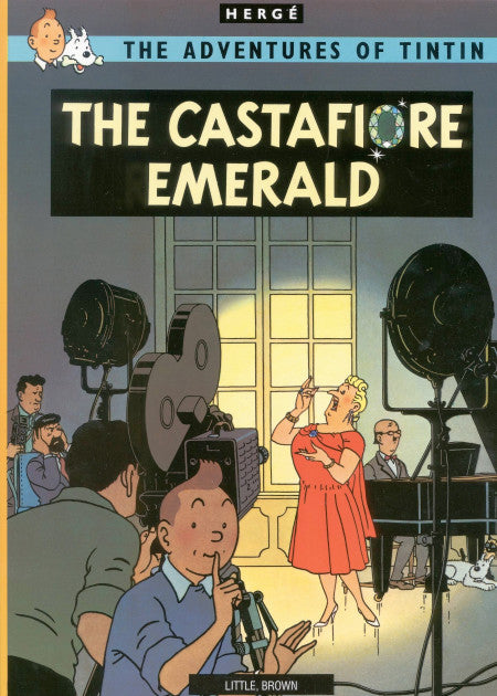 Book cover of "The Castafiore Emerald" from The Adventures of Tintin series, showing characters in a studio setting with cameras