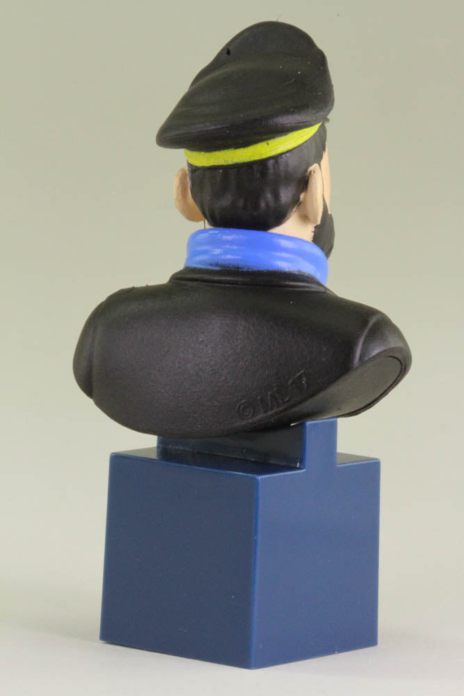 Captain Haddock bust mini figure, rear view showing black cap, blue collar, and blue base, inspired by Herge's character portraits