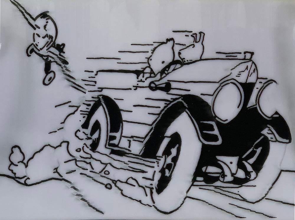 Tintin mug design: Cartoon car speeding with characters, pursued by plane, from Land of the Soviets adventure