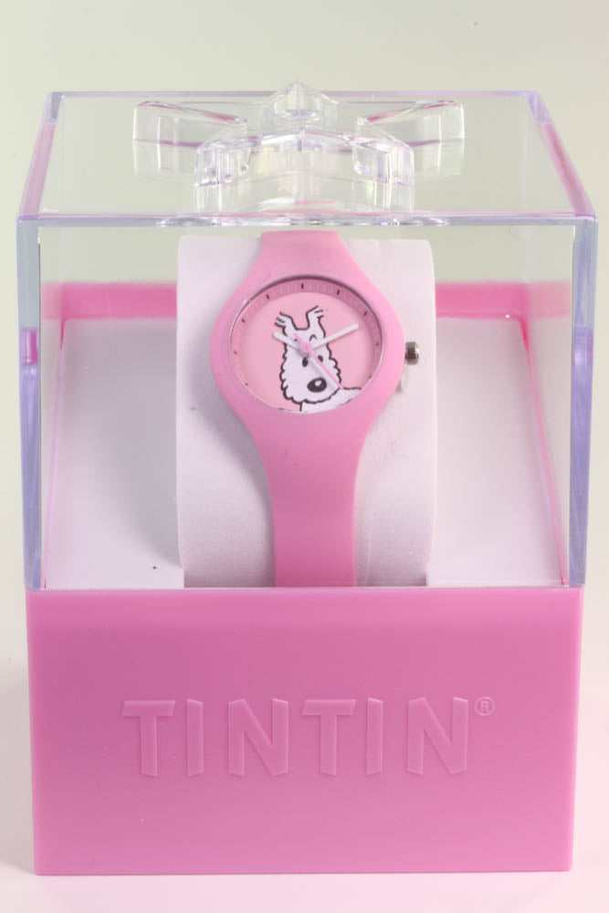 Pink Tintin watch featuring Snowy character in clear display box, silicone band, water-resistant design