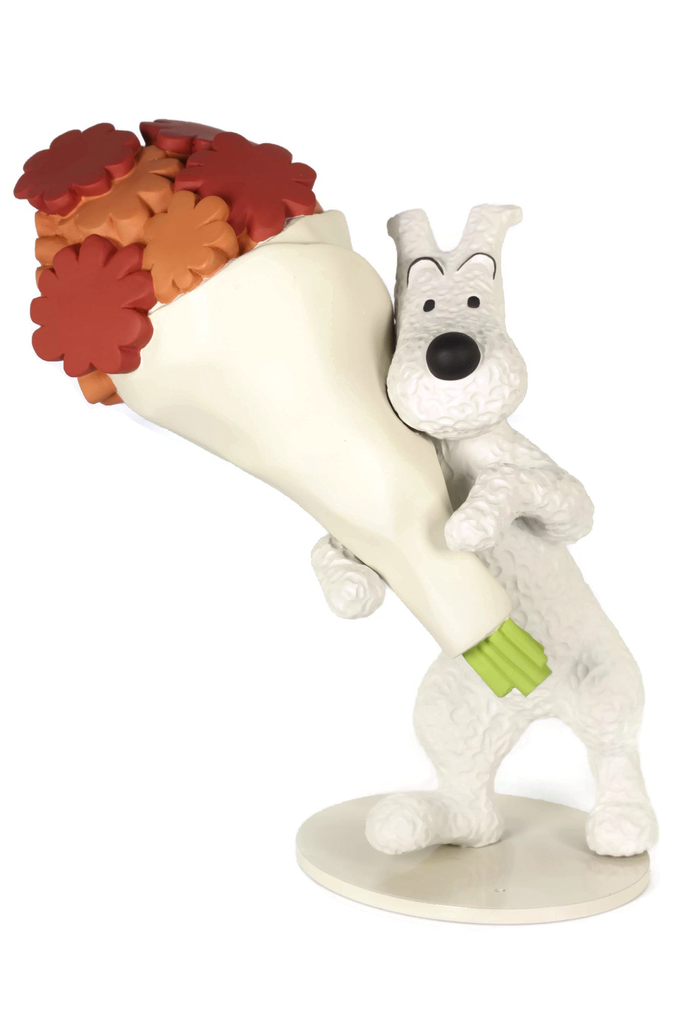 Snowy statuette holding large flower bouquet, hand-painted resin figurine of Tintin's dog standing upright, collectible Moulinsart piece