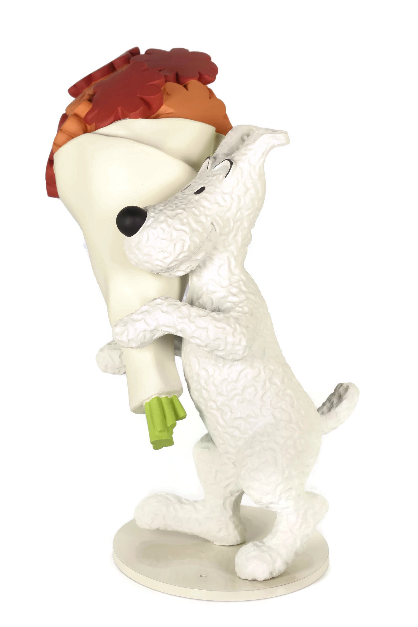 Snowy with Flowers statuette: White dog standing on hind legs holding bouquet of red flowers, hand-painted resin figurine