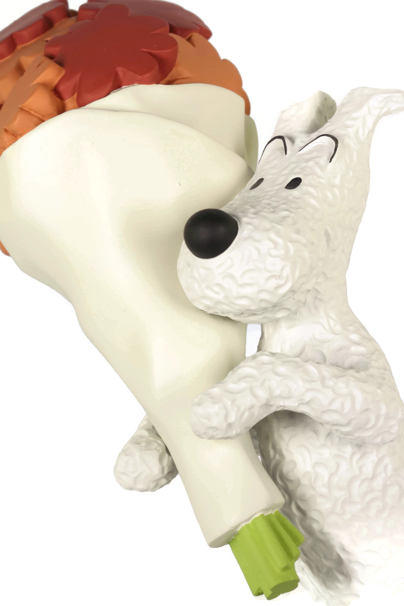 Snowy statuette holding flowers, white resin dog figurine with colorful bouquet, collectible Tintin character Milou