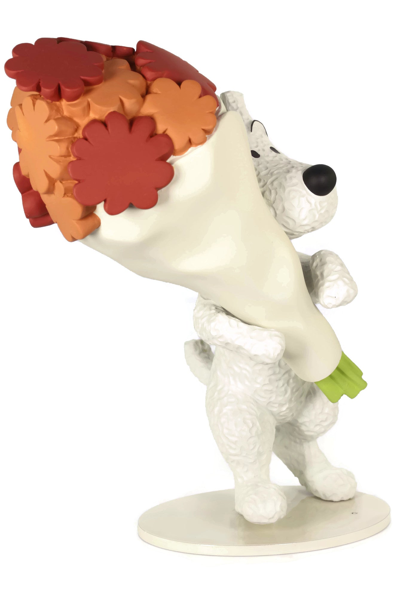Snowy with Flowers statuette: White dog standing upright holding large bouquet of red and orange flowers, hand-painted resin figurine