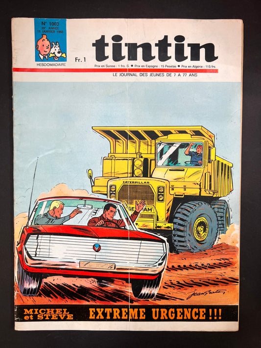 Tintin magazine cover 1968: Sports car races past Caterpillar truck, Michel and Steve in "Extreme Urgence" adventure