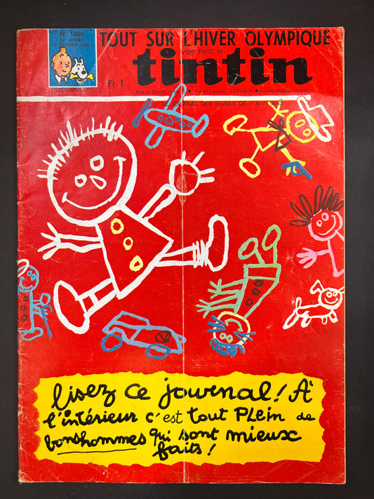 Tintin magazine cover 1968, red background with childish doodles of figures, car, plane. Yellow text box. Vintage comic collectible.