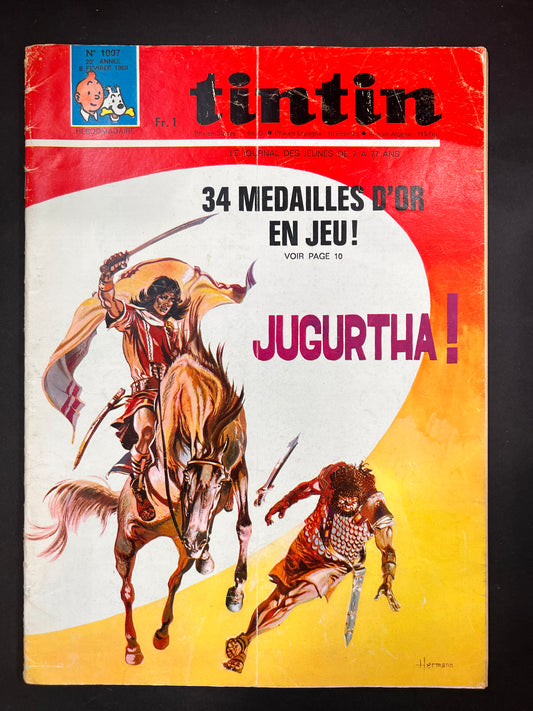 Vintage Tintin magazine cover featuring Jugurtha comic, warrior on horseback, red background, 1968 issue, French text