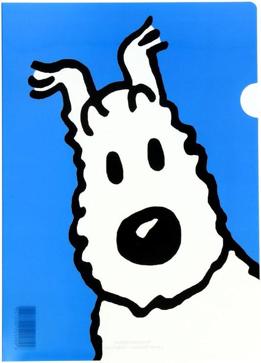 Snowy cartoon dog portrait on blue A4 file folder, Japanese-made with vivid printing, 21x30cm plastic cover