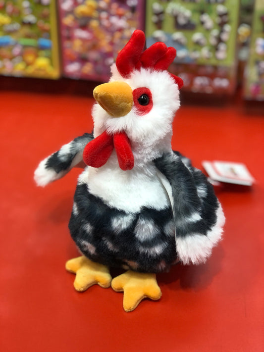 Colorful Douglas Mini Romie Soft Rooster plush toy on red display, featuring white, black, and red feathers with yellow beak and feet