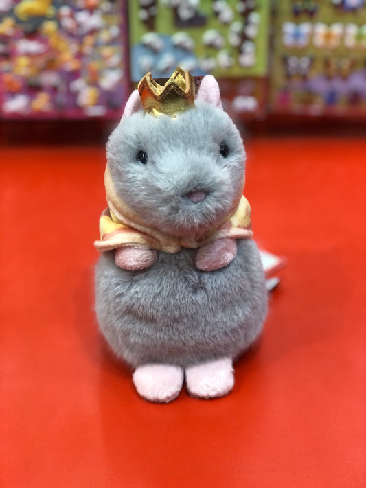 Cute plush Pizza Rat Macaroon toy with gray fur, pink accents, golden crown, and pizza-shaped cape on red background