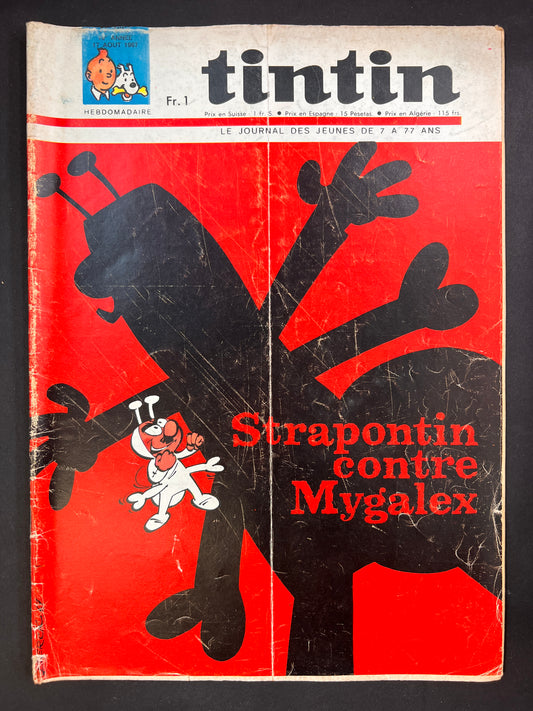Vintage Tintin magazine cover featuring Strapontin vs Mygalex comic, with hero facing giant shadow villain on red background