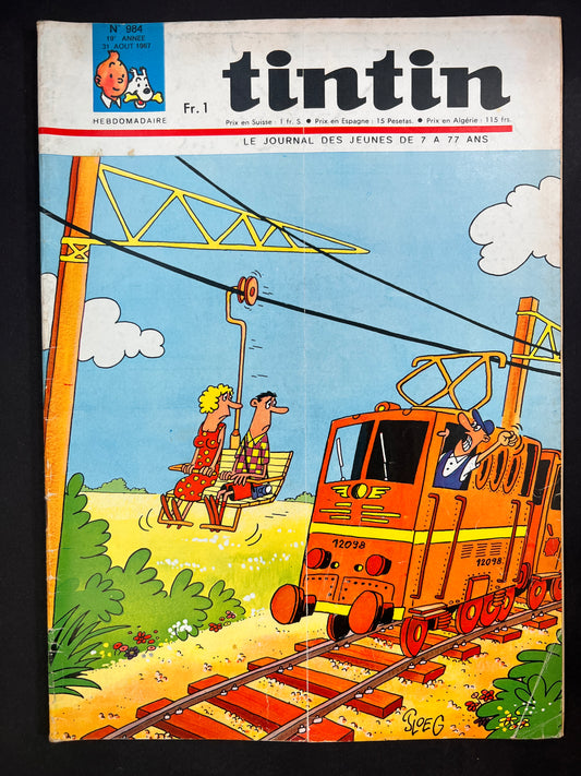 Tintin magazine cover 1967: Train conductor angry at couple using electric wire as ski lift, colorful comic illustration