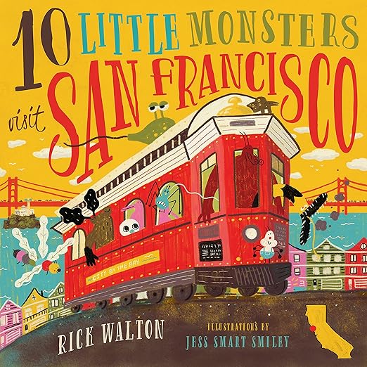 Book cover of '10 Little Monsters Visit San Francisco' with a red trolley and cityscape.