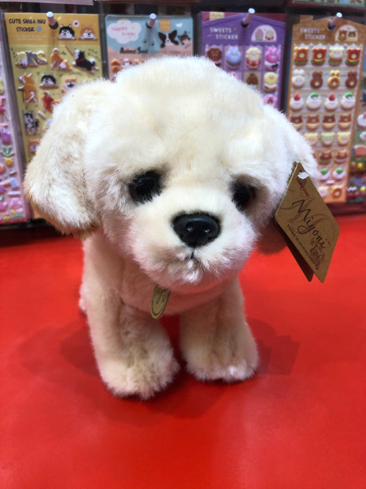 Adorable Miyoni Tots Golden Lab plush puppy with soft fur and expressive eyes, displayed on red surface with sticker sheets behind