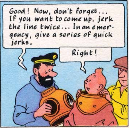 Classic comic panel showing Captain Haddock in a blue sweater holding a vintage diving helmet, instructing Tintin on deep-sea diving cord signals.