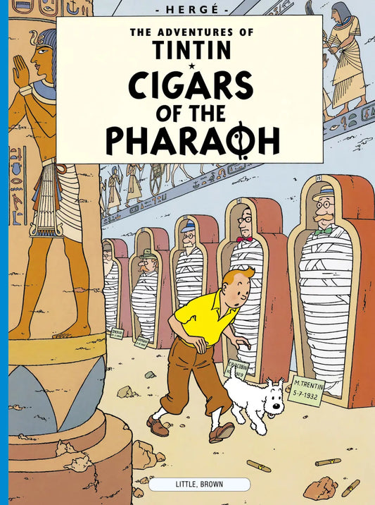 Book cover of Tintin adventure "Cigars of the Pharaoh" featuring Tintin and Snowy exploring Egyptian tomb with mummies
