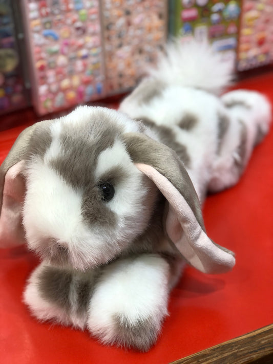 Adorable Douglas Ramsey gray spotted bunny plush toy on red surface, floppy ears and soft fur, perfect springtime companion