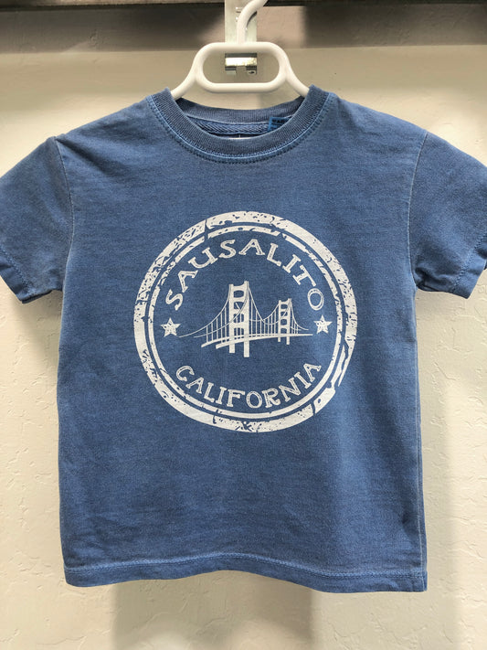 Blue toddler t-shirt with Sausalito California and Golden Gate Bridge logo, hanging on display