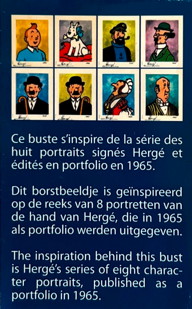 A printed reference sheet featuring Hergé's 1965 portfolio of eight classic Tintin character portraits, with French and Dutch text explaining it as the design inspiration for the mini bust collection.
