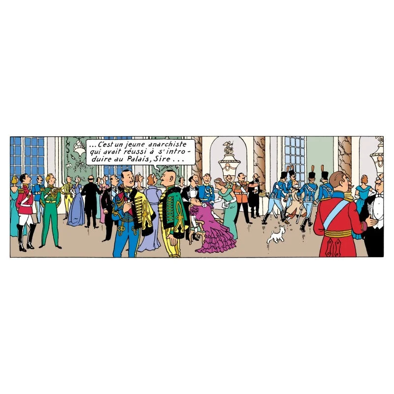 A vintage comic book panel from Hergé's Tintin adventure King Ottokar's Sceptre, showing a crowded palace gala in Klow. In the center-left, the author Hergé makes a cameo appearance as a blonde man standing in a bright green Syldavian court uniform with gold braided detailing and a light blue sash, looking directly toward a group of dignitaries.