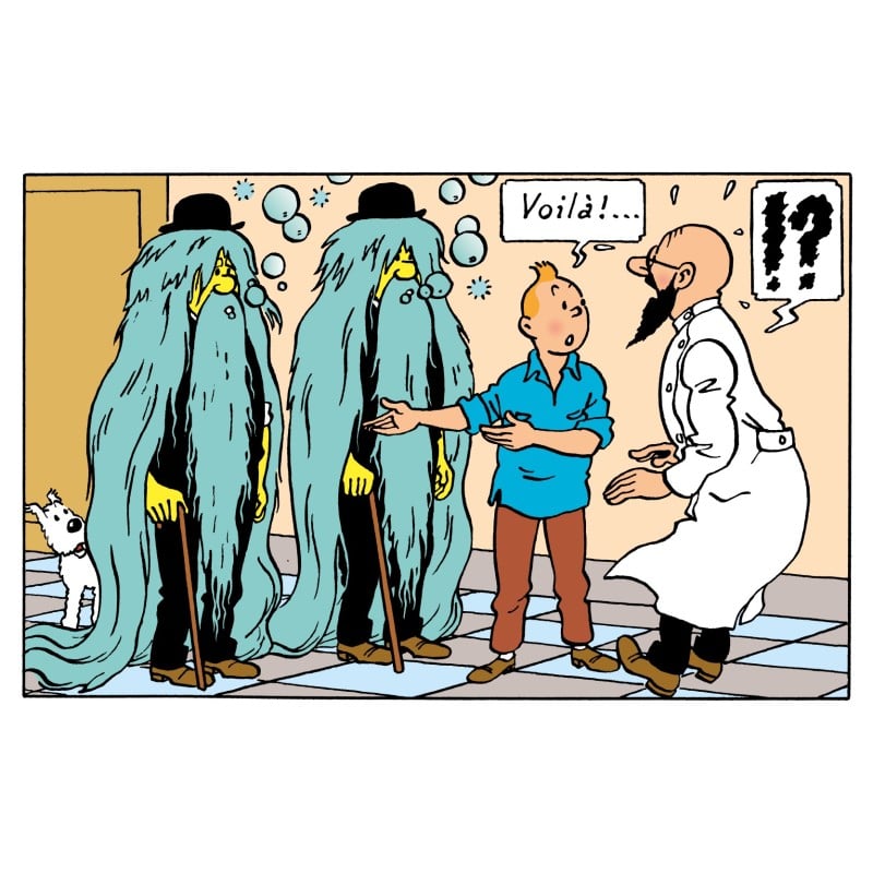 Tintin comic scene Land of Black Gold, Thomson and Thompson with long green hair, Dr. Müller Formula 14 side effects illustration, Hergé Tintin resin figure reference art.