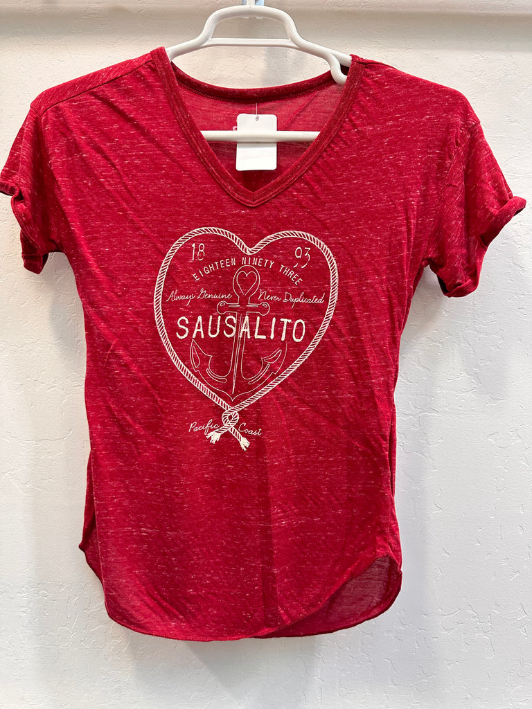 Simple heart surrounds Sausalito name drop and a ship's anchor.   The women's cut shirt is constructed of 90% Polyester and 10% Cotton. This fabric is soft and supple and wears with a coolness on a warm day.  Sizes small to extra large. 