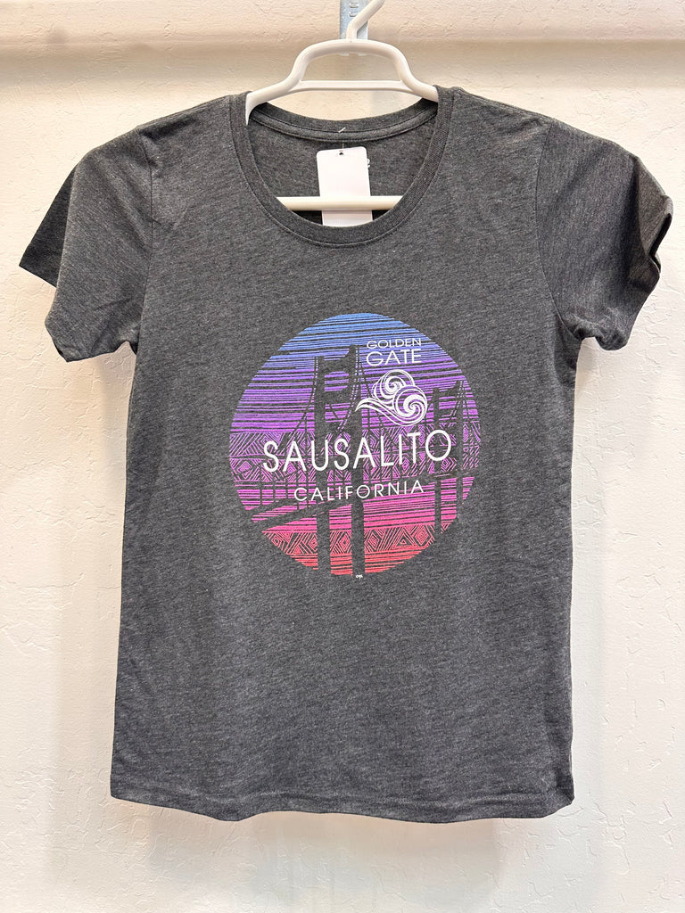 The early morning dawn colors back drop the Golden Gate Bridge, with a wisp of fog making it's way across the bay.  Women's crew neck short sleeve t is 50% Polyester 37% Cotton 13% Rayon which gives a soft drape to the this grey shirt. 