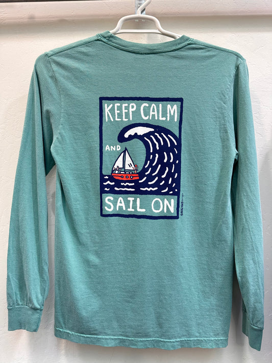 Teal long sleeve shirt with "Keep Calm and Sail On" design featuring sailboat in large wave, perfect for San Francisco Bay sailing