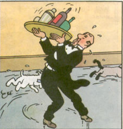 Official Tintin comic panel from The Castafiore Emerald featuring Nestor the butler performing "fancy footwork" to balance a silver tray of colorful drink bottles while stumbling over an unseen obstacle.