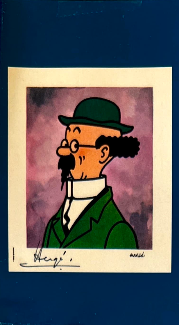 A classic character portrait illustration of Professor Calculus from Tintin, showing him in profile wearing his green bowler hat and coat against a muted purple background, featuring Hergé's signature at the bottom.