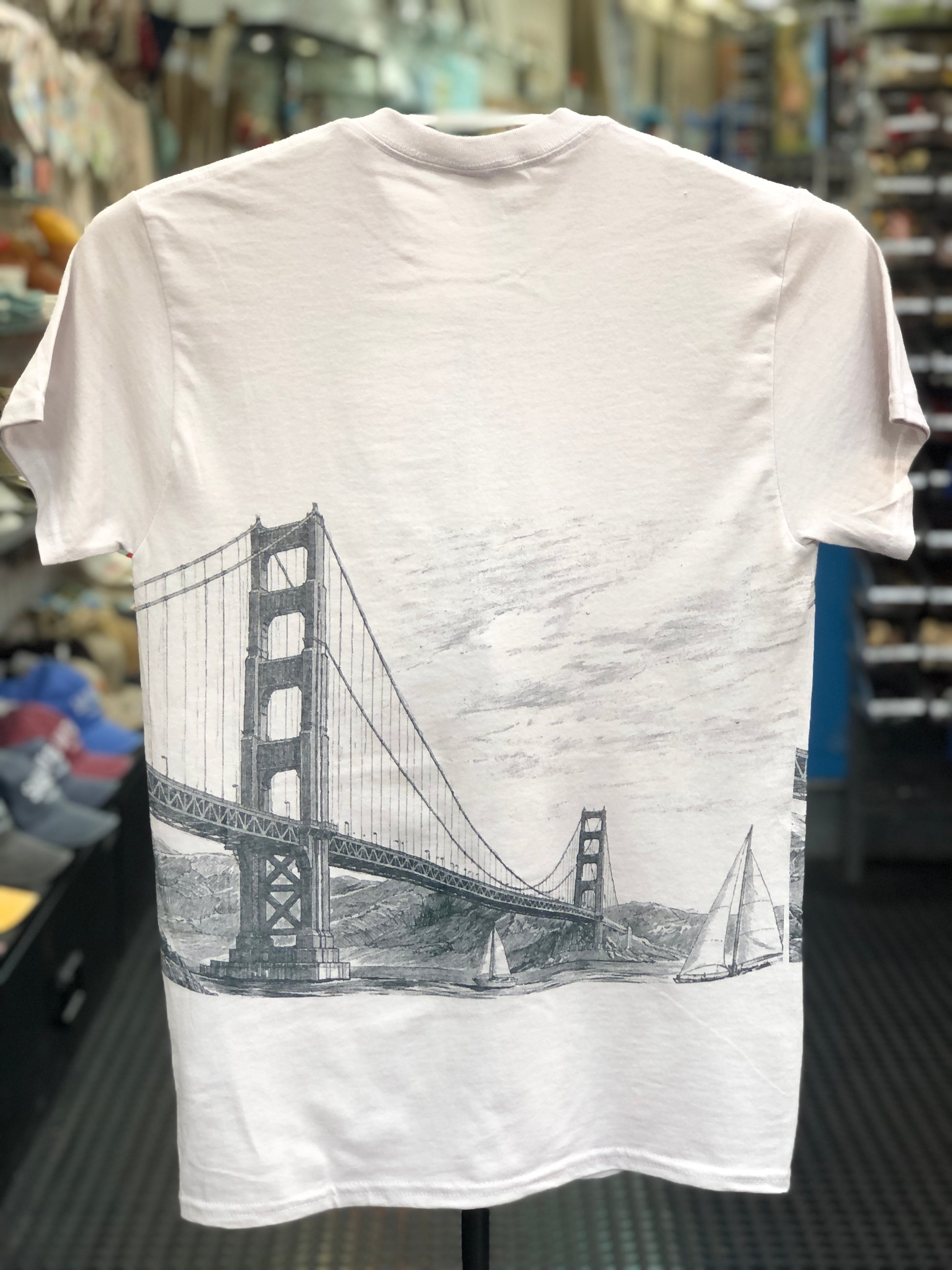 Ice-grey unisex t-shirt with black and white Golden Gate Bridge illustration and sailboats