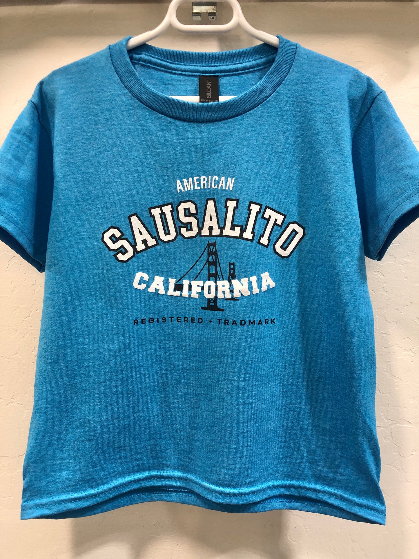 Blue kids' t-shirt with Sausalito California and Golden Gate Bridge graphic, American Trademark design