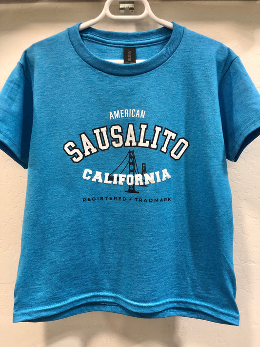 Blue kids' t-shirt with Sausalito California and Golden Gate Bridge graphic, American Trademark design