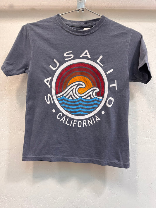 Sausalito California kids' t-shirt with colorful wave and sunset logo design on charcoal gray cotton fabric