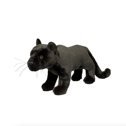 Realistic 24" black panther plush toy with soft fur, golden eyes, whiskers, and curved tail, perfect for jungle-themed play