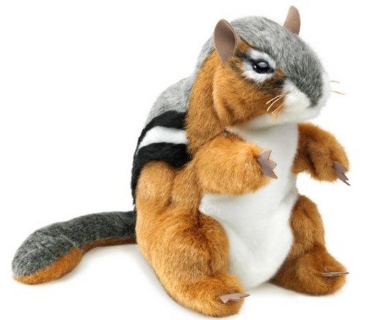 Folkmanis Chipmunk Puppet with realistic fur, striped back, and movable limbs, sitting upright against white background