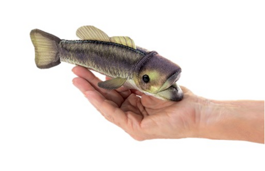 Realistic Folkmanis mini largemouth bass finger puppet held in hand, showing lifelike details and 7-inch length