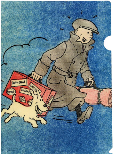 Tintin and Snowy file folder cover art from "The Broken Ear" comic, featuring vibrant Japanese printing on plastic
