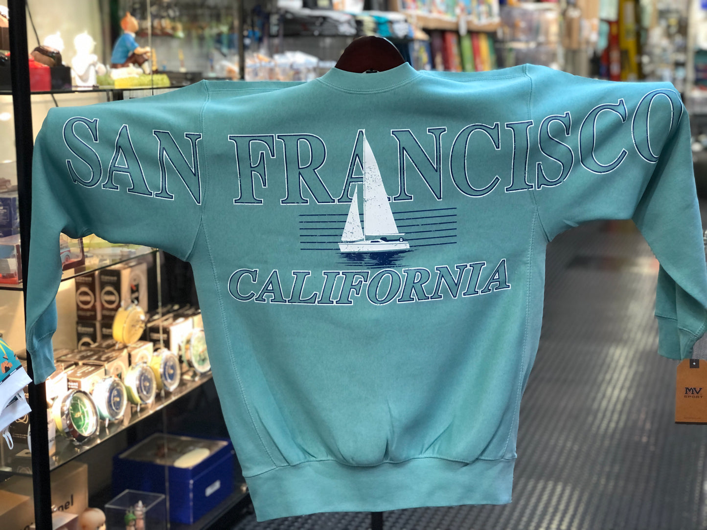 Teal sweatshirt with 'San Francisco California' text across the chest and arms and sailboat graphic.