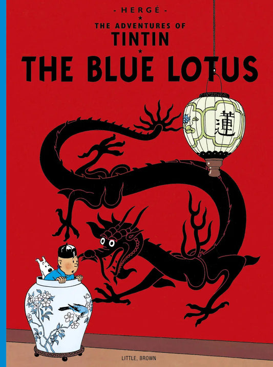 Front cover of 'The Adventures of Tintin: The Blue Lotus' by Hergé. Features the iconic red dragon and black background design. Published by Little, Brown and Company. 62-page English paperback edition.