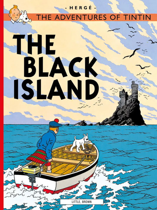 Front cover of 'The Adventures of Tintin: The Black Island' paperback book. Tintin, wearing a kilt and a tam o' shanter cap, steers a motorboat toward a jagged, dark island featuring a medieval castle ruin. Snowy stands at the bow of the boat against a backdrop of white-capped blue waves and a cloudy sky.