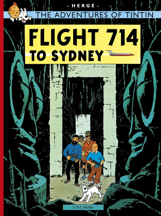 Front cover of The Adventures of Tintin: Flight 714 to Sydney by Hergé, featuring Tintin, Captain Haddock, and Snowy entering a mysterious stone temple doorway.