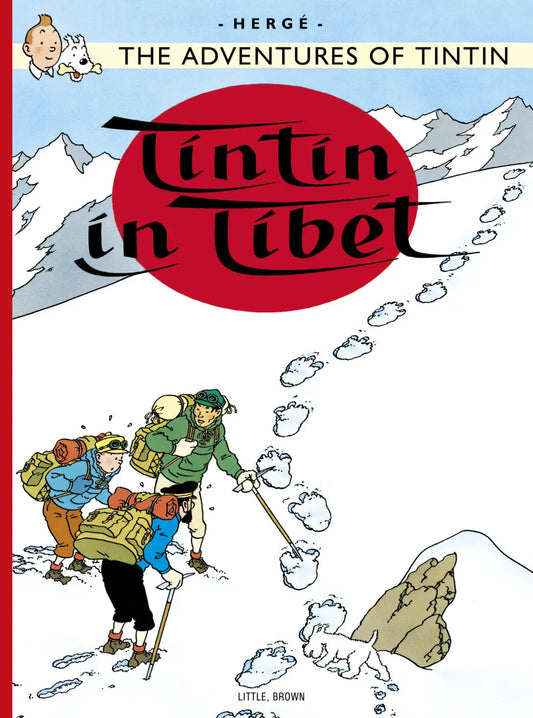 Front cover of The Adventures of Tintin: Tintin in Tibet by Hergé, featuring Tintin, Captain Haddock, and Snowy following large Yeti footprints through a snowy mountain landscape.