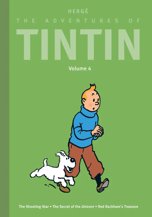 Front cover of The Adventures of Tintin Volume 4 hardcover, featuring Tintin and Snowy running against a solid blue background with the titles The Crab with the Golden Claws, The Shooting Star, and The Secret of the Unicorn.