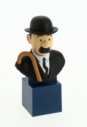 A mini PVC collectible bust figure of the detective Thompson from Tintin, featuring his black bowler hat, walrus mustache, and a dark brown walking cane, mounted on a dark blue square pedestal.
