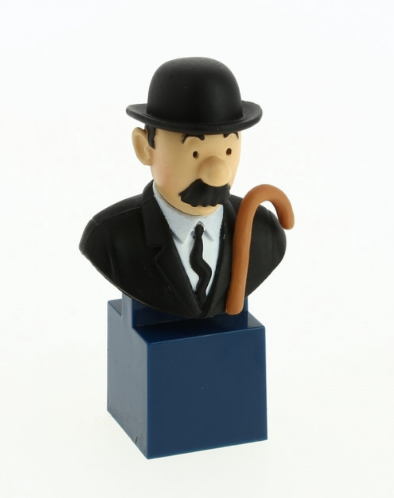 A mini PVC collectible bust figure of the detective Thomson from Tintin, featuring his black bowler hat, a mustache with flared ends, and a dark brown walking cane, mounted on a dark blue square pedestal.